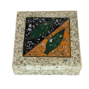 Vintage Mosaic Trinket Box With Leaf Design Hinged Lid Mother Of Pearl
